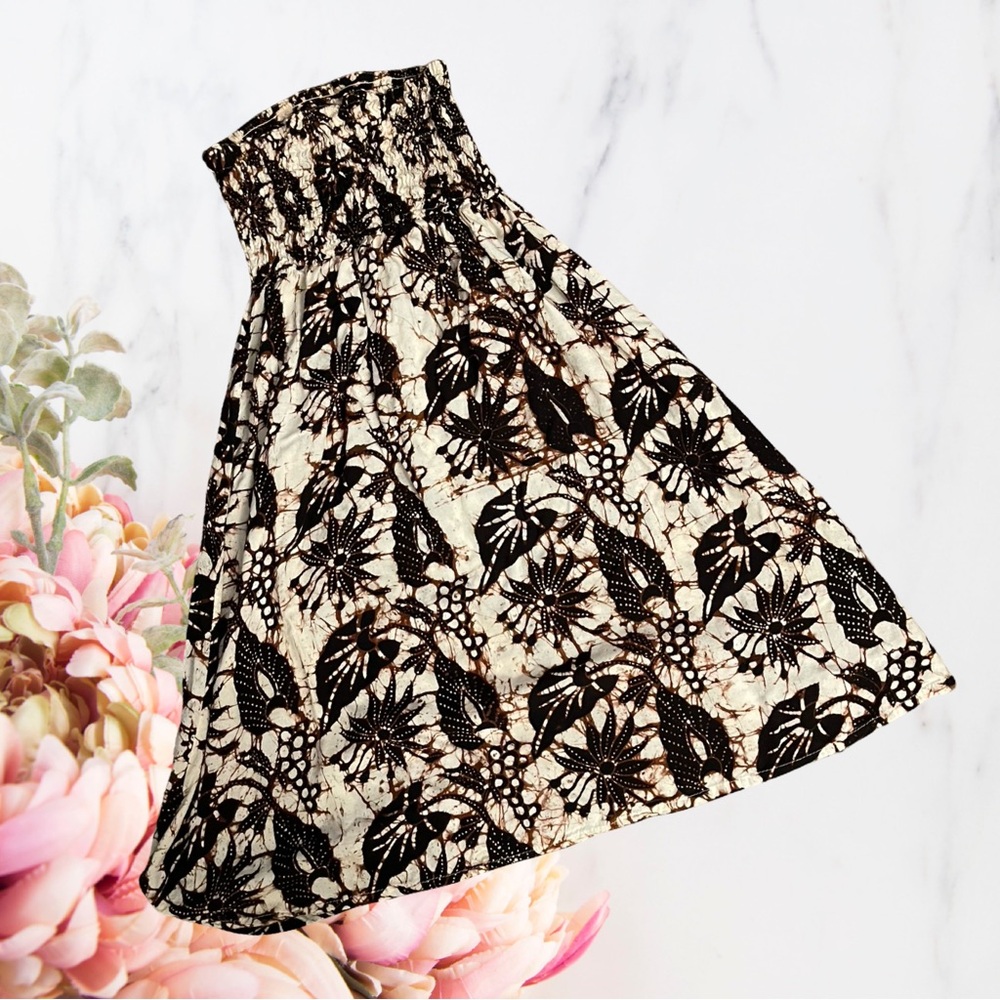 Brown and Cream Strapless Smocked Midi Dress - Picture 1 of 7